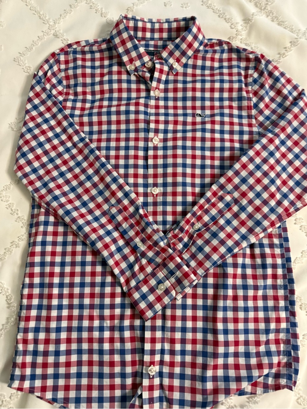 Boys M Vineyard Vines Red, Blue & White Gingham Button-Down Shirt